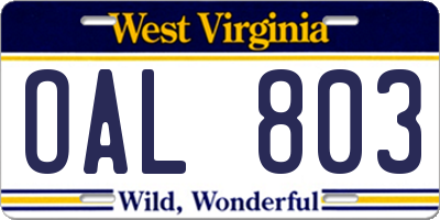 WV license plate OAL803