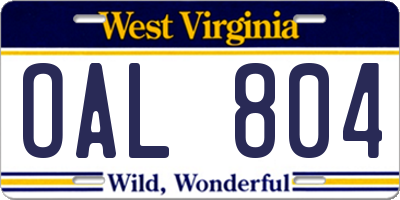 WV license plate OAL804