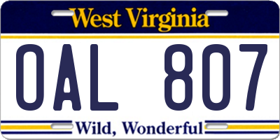 WV license plate OAL807