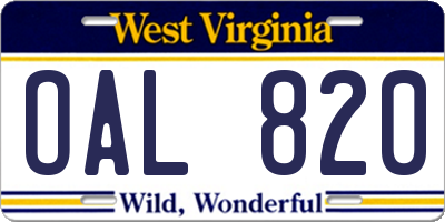 WV license plate OAL820