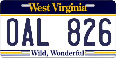 WV license plate OAL826
