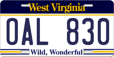 WV license plate OAL830