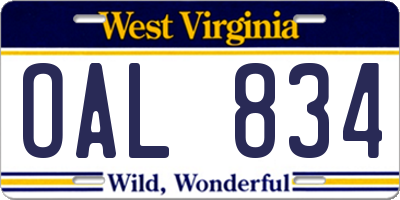 WV license plate OAL834
