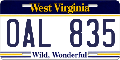 WV license plate OAL835