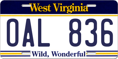 WV license plate OAL836