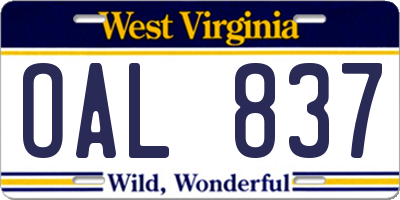 WV license plate OAL837