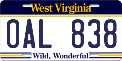 WV license plate OAL838