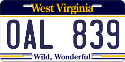 WV license plate OAL839