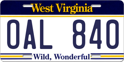 WV license plate OAL840