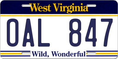 WV license plate OAL847