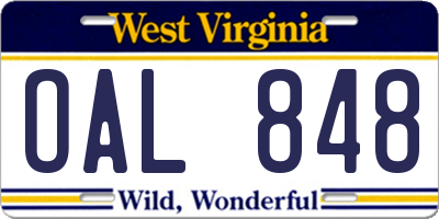 WV license plate OAL848