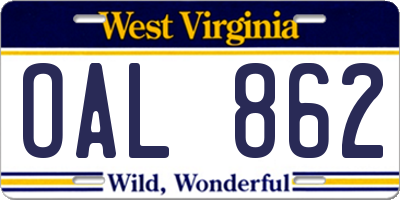 WV license plate OAL862