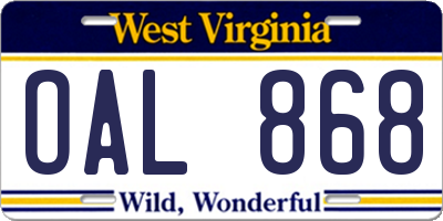 WV license plate OAL868