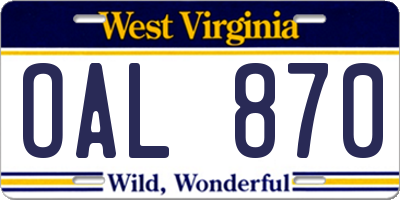 WV license plate OAL870