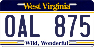 WV license plate OAL875