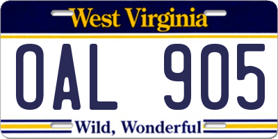 WV license plate OAL905