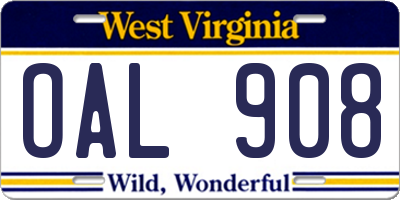 WV license plate OAL908