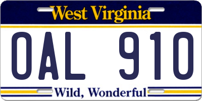 WV license plate OAL910