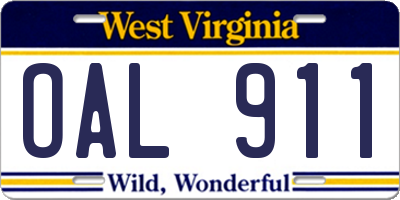 WV license plate OAL911