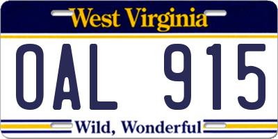 WV license plate OAL915