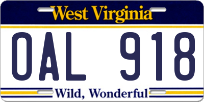 WV license plate OAL918