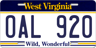 WV license plate OAL920