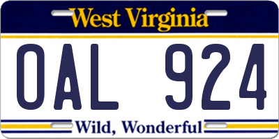 WV license plate OAL924