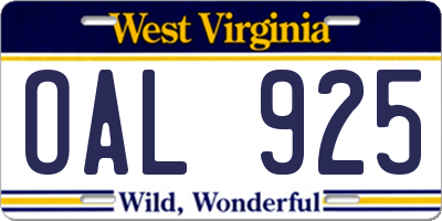 WV license plate OAL925