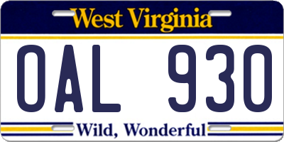 WV license plate OAL930