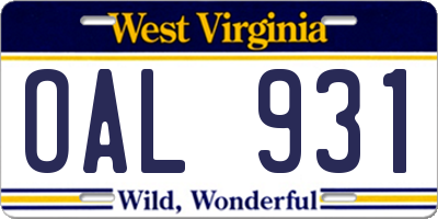 WV license plate OAL931