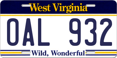 WV license plate OAL932