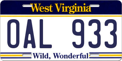WV license plate OAL933