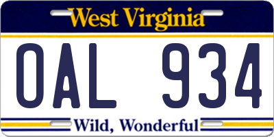 WV license plate OAL934
