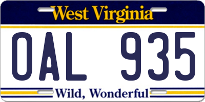 WV license plate OAL935
