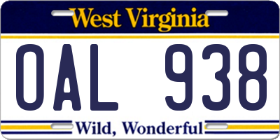 WV license plate OAL938