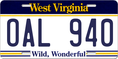 WV license plate OAL940