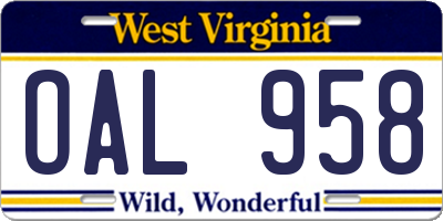 WV license plate OAL958