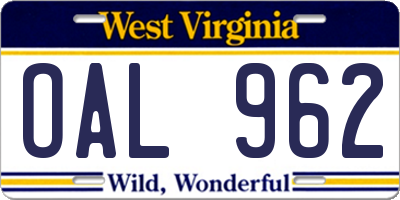 WV license plate OAL962