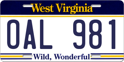 WV license plate OAL981