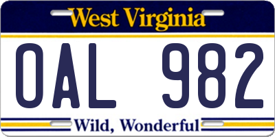 WV license plate OAL982