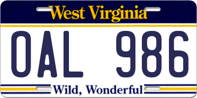 WV license plate OAL986