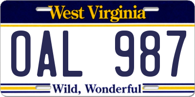 WV license plate OAL987
