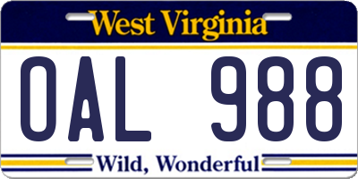 WV license plate OAL988