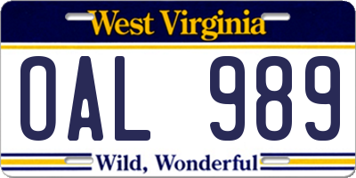 WV license plate OAL989
