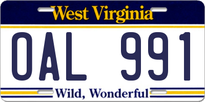WV license plate OAL991
