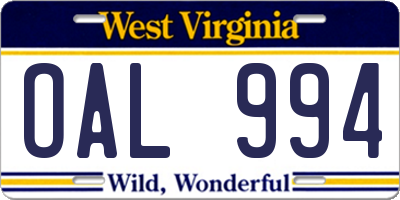 WV license plate OAL994