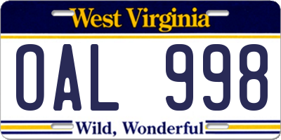 WV license plate OAL998