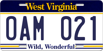 WV license plate OAM021