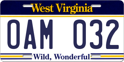WV license plate OAM032