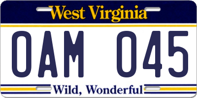 WV license plate OAM045
